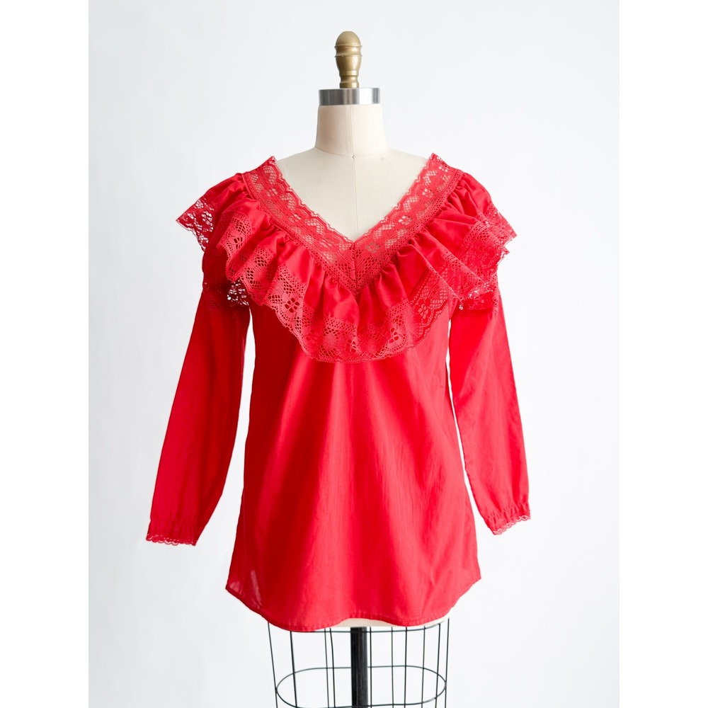 Herreraā Estilos de Mexico Blouse Ruffle Lace V-Neck Peasant Top M Red Vintage
